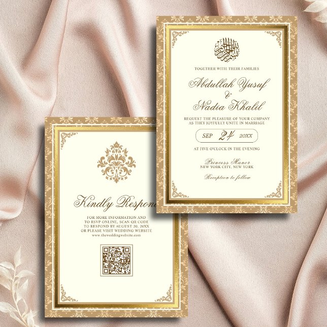 Ivory Gold Damask Elegance QR Code Muslim Wedding Invitation (Creator Uploaded)