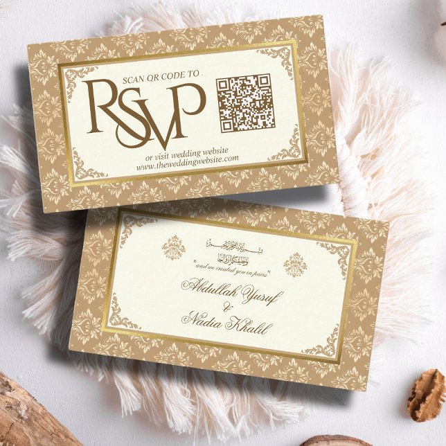 Ivory Gold Damask QR Code RSVP Islamic Wedding Web Enclosure Card (Creator Uploaded)