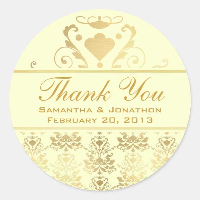 Ivory & Gold Damask Wedding Thank You Classic Round Sticker (Front)