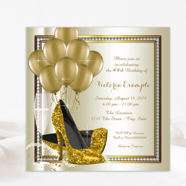 Ivory Gold Diamond High Heel Shoe Birthday Party Invitation (Any event invitation, all text can be changed.)