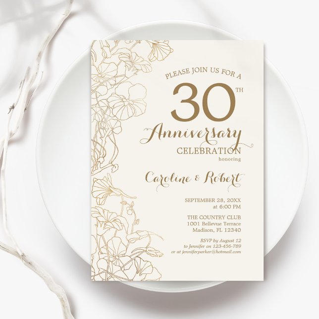 Ivory Gold Floral 30th Anniversary Invitation (Creator Uploaded)