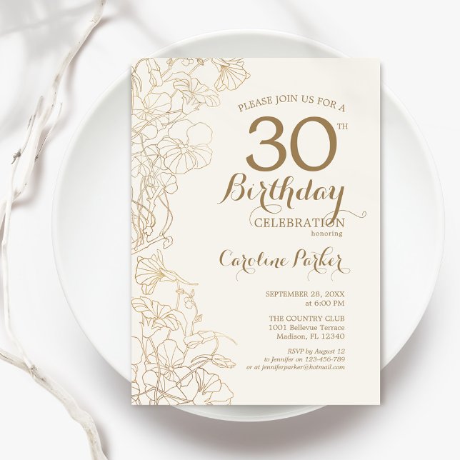 Ivory Gold Floral 30th Birthday Party Invitation (Creator Uploaded)