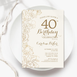 Ivory Gold Floral 40th Birthday Party Invitation