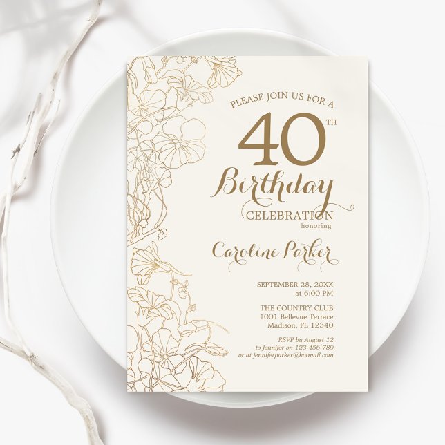 Ivory Gold Floral 40th Birthday Party Invitation (Creator Uploaded)