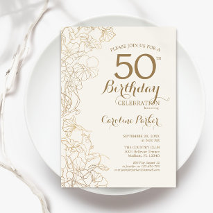 Ivory Gold Floral 50th Birthday Party Invitation
