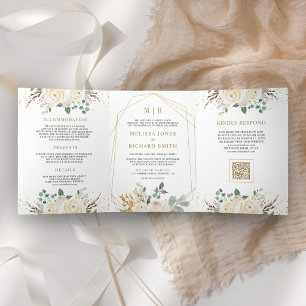 Ivory Gold Floral All in One QR Code Wedding Tri-Fold Invitation
