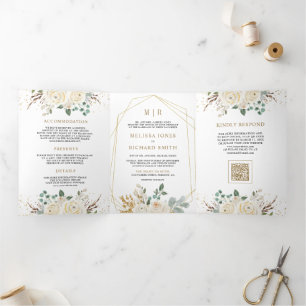 Ivory Gold Floral All in One QR Code Wedding Tri-Fold Invitation