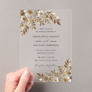 Ivory Gold Floral Bloom Acrylic Wedding Invitations