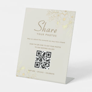 Ivory Gold Floral Share Your Photos QR Code Pedestal Sign