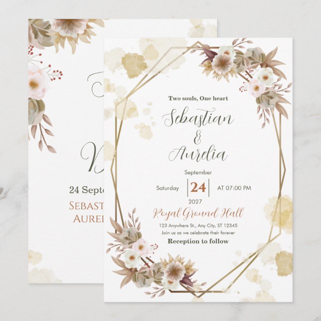 Ivory & Gold Geometric Frame Wedding Invitation (Front/Back)