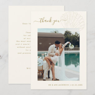 Ivory & Gold Hand Drawn Seashell Photo Wedding Thank You Card