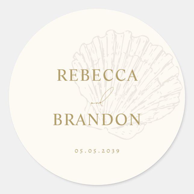 Ivory & Gold Hand Drawn Seashell Wedding Favor Classic Round Sticker (Front)