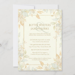 Ivory Gold Leafy Border Botanical Elegant Wedding Invitation