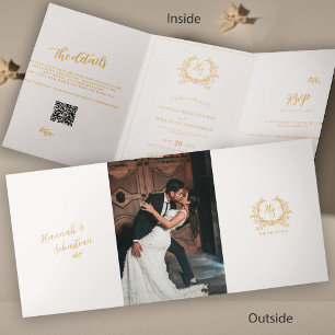 Ivory Gold Monogram Photo QR RSVP Details Tri-Fold Card