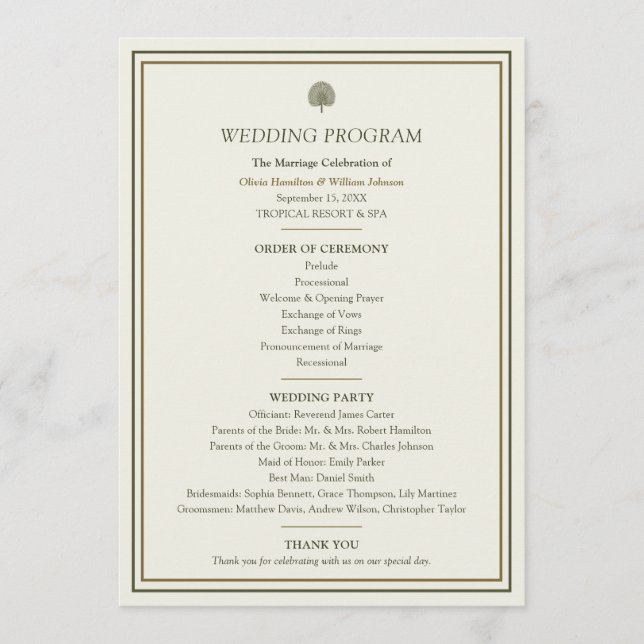 Ivory & Gold Palm Wedding Program Programme (Front)