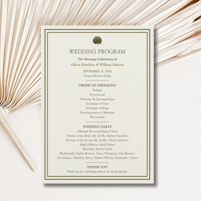 Ivory & Gold Palm Wedding Program Programme (Ivory & Gold Palm wedding program with personalized ceremony order and wedding party details)