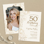Ivory Gold Photo 50th Birthday Party Invitation<br><div class="desc">Ivory Gold Floral Photo 50th Birthday Party Invitation. Minimalist modern design featuring botanical outline drawings accents and typography script font. Simple trendy invite card perfect for a stylish female bday celebration. Can be customised to any age. Printed Zazzle invitations or instant download digital printable template.</div>
