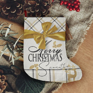 Ivory & Gold Plaid Reindeer & Name Merry Christmas Large Christmas Stocking