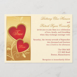 Ivory, Gold, Red Hearts Wedding Invitation