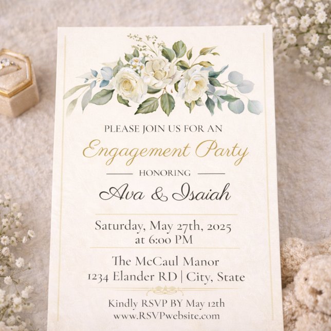 Ivory Gold Romance Engagement Party Invitation (Ivory rose and champagne gold engagement soirée announcement with soft greenery detail)