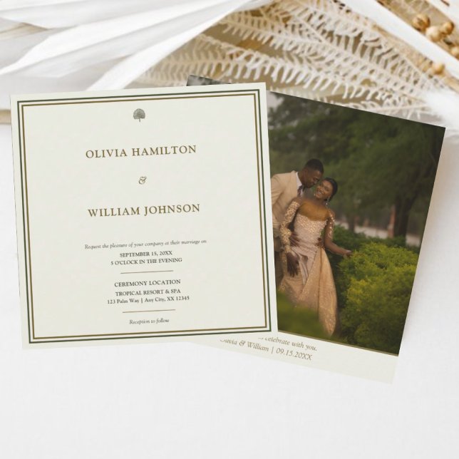 Ivory & Gold Square Photo Typography Wedding Invitation (Ivory & gold wedding invite with photo back — timeless elegance meets personal touch.)