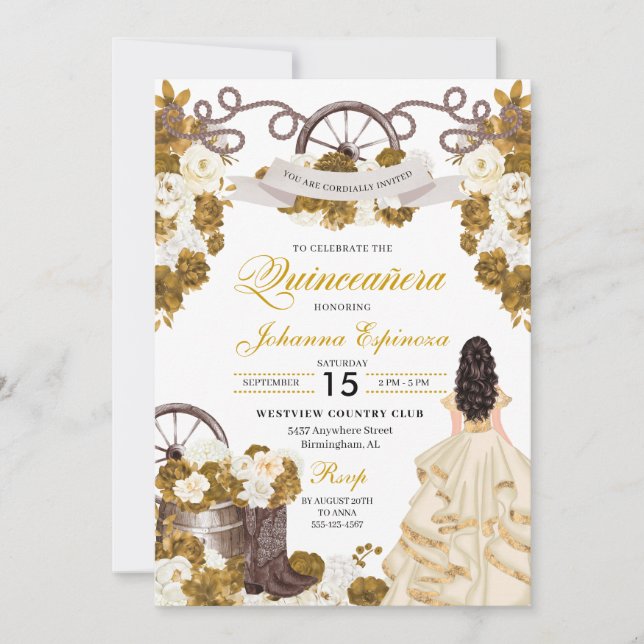 Ivory Gold Western Ranchero Cowgirl Quinceanera Invitation (Front)