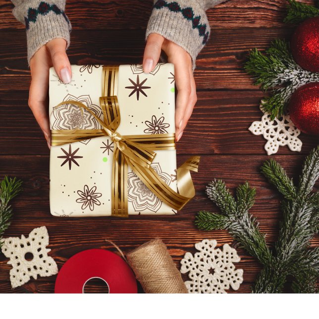 Ivory gold wrapping paper sheet (Ivory gold flowers and stars wrap)