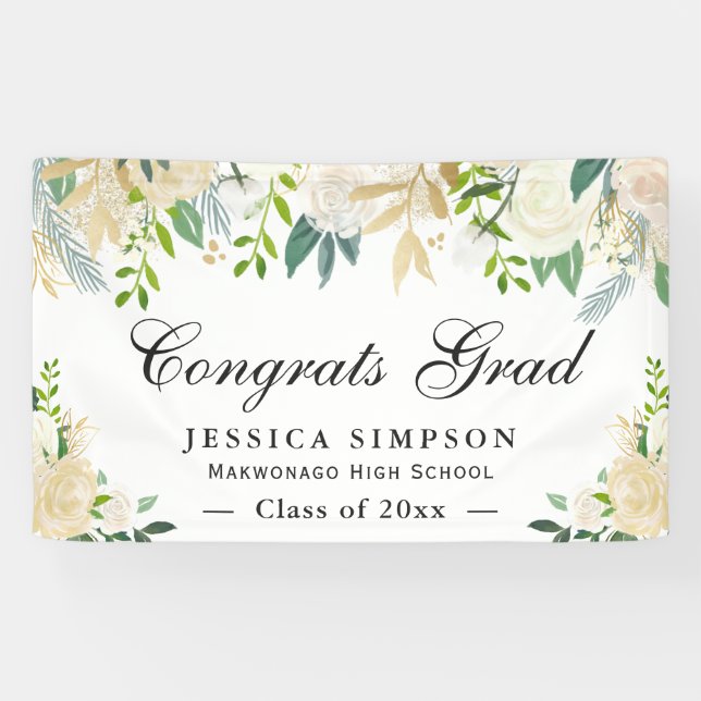 Ivory Golden Floral Modern Graduation Graduate Banner (Horizontal)