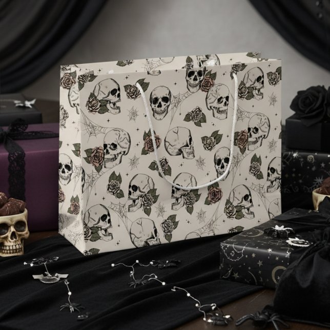 Ivory Gothic Skulls and Roses Halloween Large Gift Bag (Ivory Gothic Floral Skull Gift Bags. Vintage Hand Drawn Skulls Roses in Black. Halloween or Birthday)