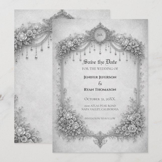 Ivory Gothic wedding save the date invitation (Front/Back)