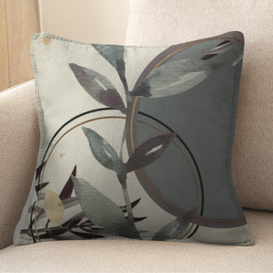 Ivory Gray & Green Earthy Zen Watercolor Leaves Cushion