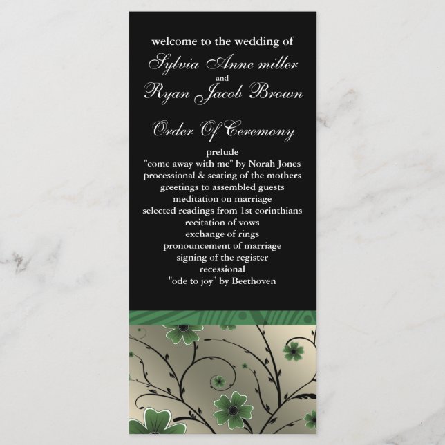 ivory green and black floral Wedding program Programme (Front)
