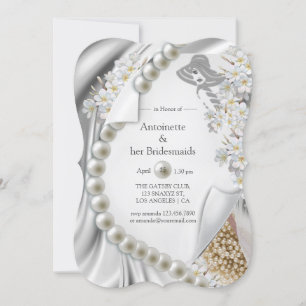 Ivory,Green,Blue,gold Silk & Pearls Bridal Party Invitation