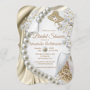 Ivory,Green,Blue,Gold Silk & Pearls Bridal Shower Invitation