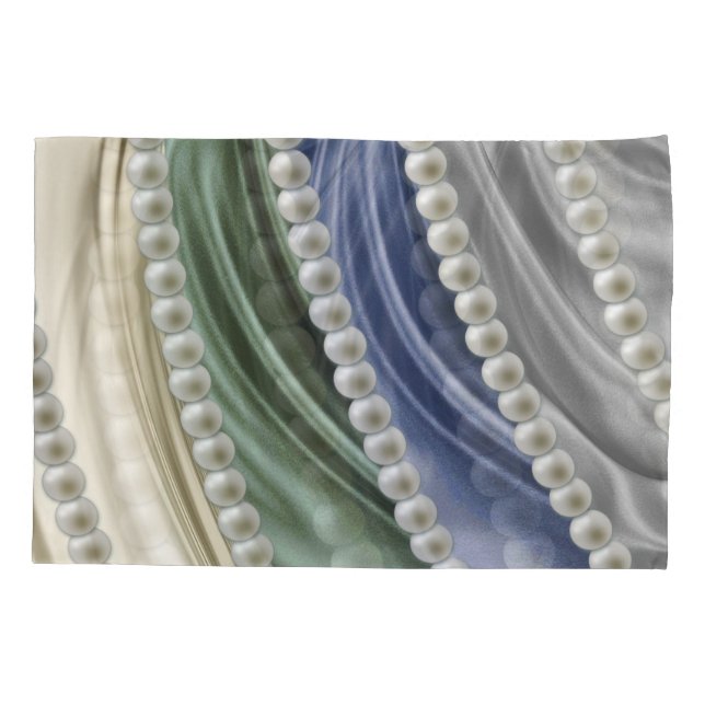 Ivory,Green,Blue,gold,Silk - Pearls Pillowcase (Back)