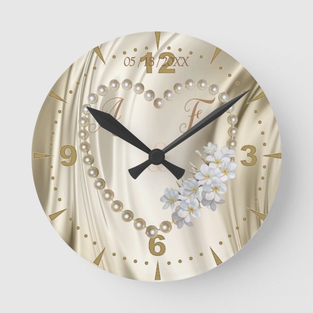 Ivory,Green,Blue,gold Silk & Pearls Round Clock (Front)