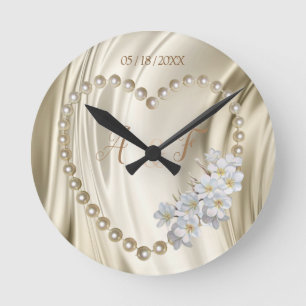 Ivory,Green,Blue,gold Silk & Pearls Round Clock
