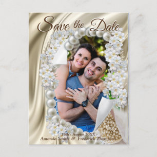 Ivory,Green,Blue Silk & Pearls Save the Date Announcement Postcard