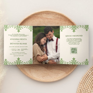 Ivory Green Damask Ethnic QR Code Indian Wedding Tri-Fold Invitation