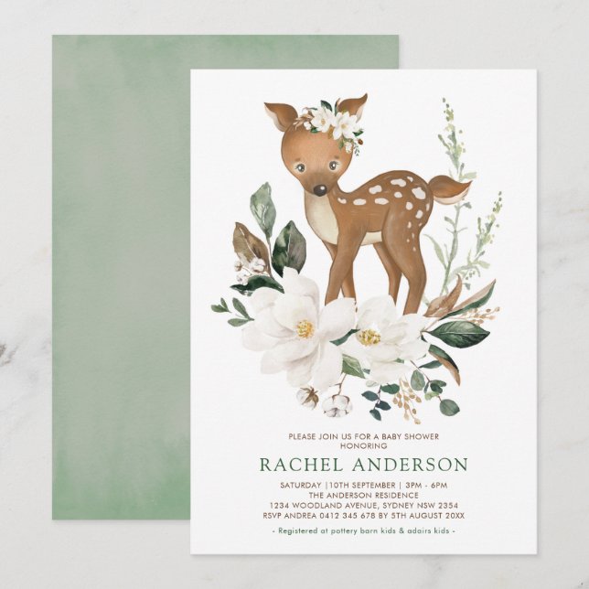 Ivory Green Magnolia Woodland Deer Baby Shower Invitation (Front/Back)