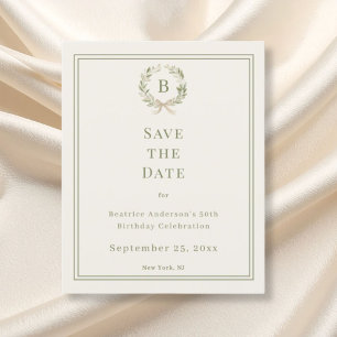 Ivory green monogram wreath birthday save the date