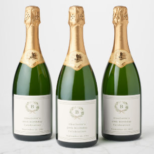 Ivory green monogram wreath birthday sparkling wine label