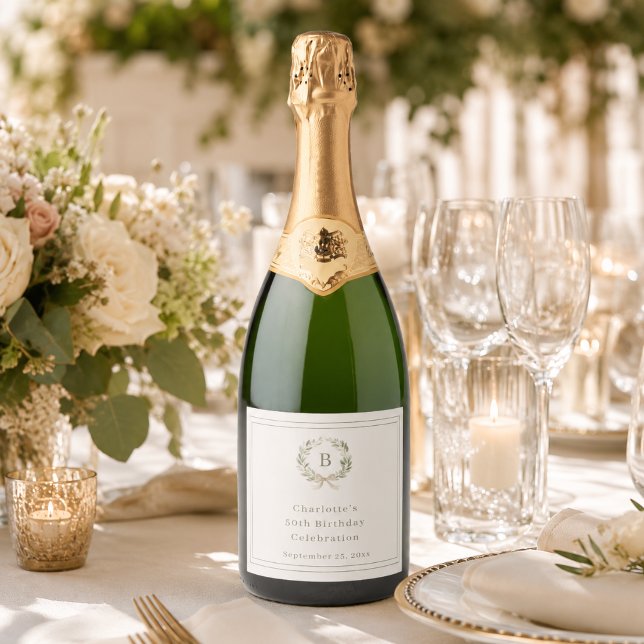 Ivory green monogram wreath birthday sparkling wine label (Creator Uploaded)