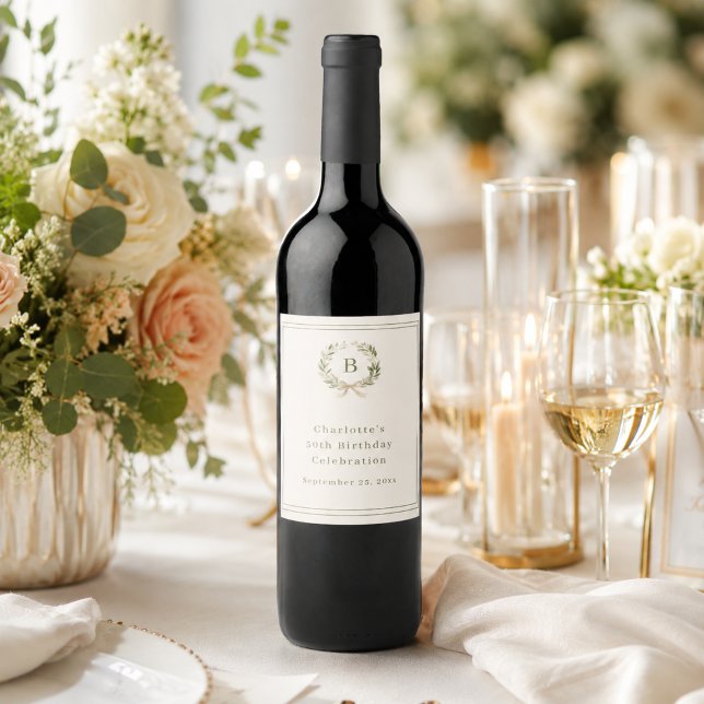 Ivory green monogram wreath birthday wine label (Creator Uploaded)