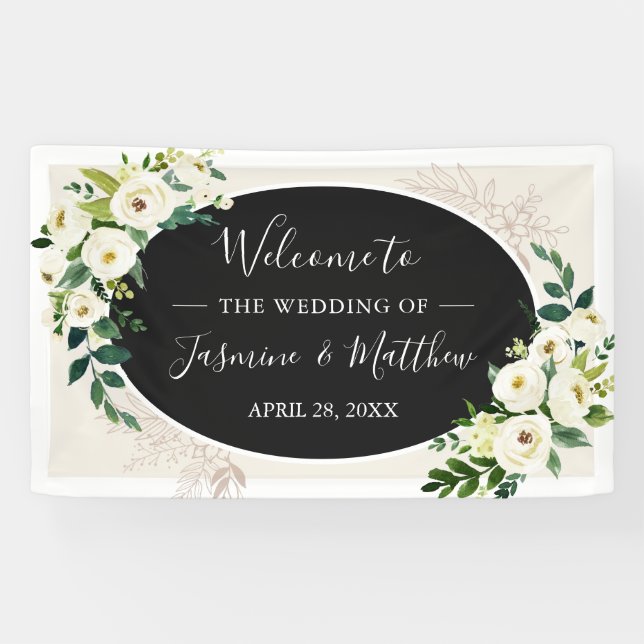 Ivory Greenery Floral Wedding Party Banner (Horizontal)