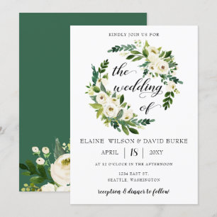 Ivory greenery white roses  floral wreath wedding invitation