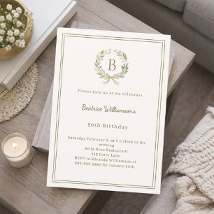 Ivory greenery wreath bow monogrammed Birthday Invitation
