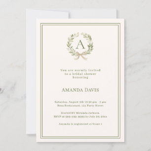 Ivory greenery wreath monogrammed Bridal Shower Invitation
