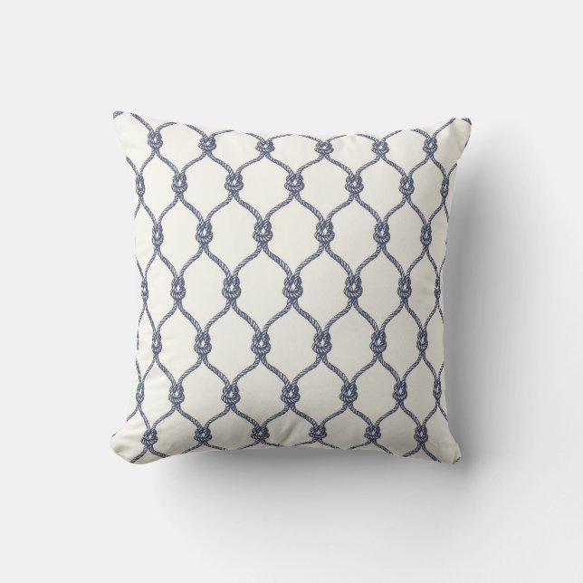 Ivory Grey Blue Nautical Rope Knot Fishnet Cushion (Front)