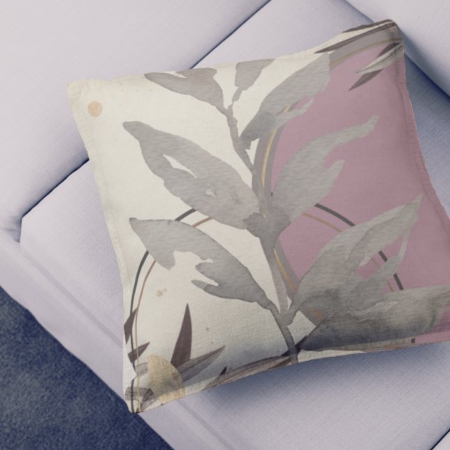 Ivory Grey & Pink Artistic Watercolor Leaves Cushion (Creator Uploaded)